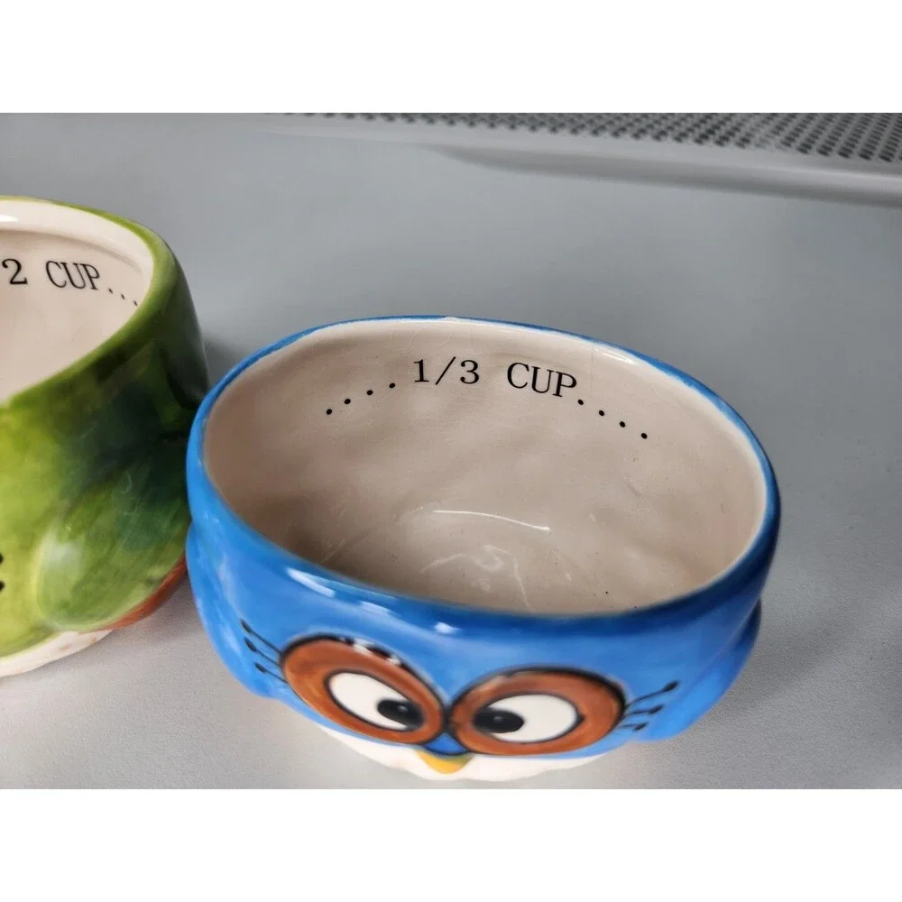 Set Of 3 Laurie Furnell Painted Ceramic Owl Bird Measuring Cups Nesting Colorful